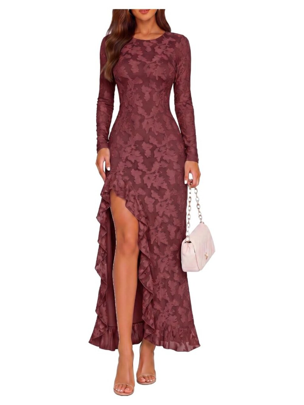 Women's Bodycon Long Sleeve Maxi Dress High Slit Formal Party Gown